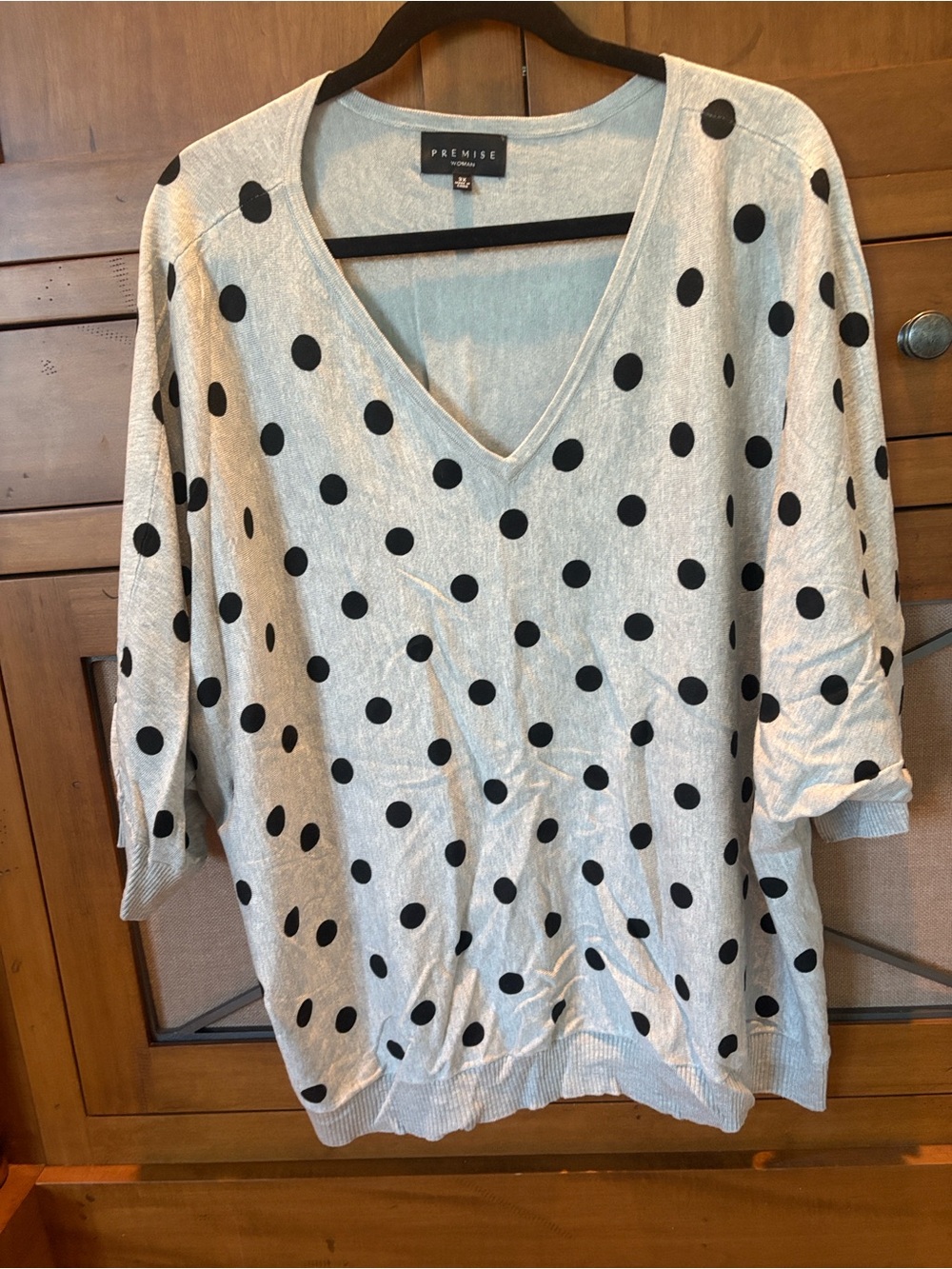Premise Light Gray V-Neck Polka Dot Sweater - Black Dots